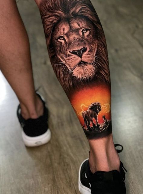 Lion Leg Tattoo, Lion Tattoo On Thigh, Shen Long Tattoo, Calf Tattoo Men, Bicep Tattoo Men, Best Leg Tattoos, Lion Tattoo Sleeves, Wolf Tattoo Sleeve, Full Leg Tattoos