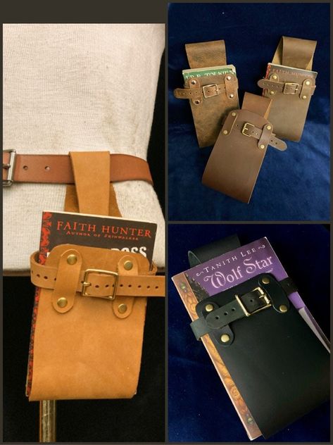 Leather Products Ideas Creative, Book Holster, Amethyst Cosplay, Adventure Crafts, Ren Faire Costume, Leather Scrap, Belt Holder, Handmade Backpacks, Book Holder