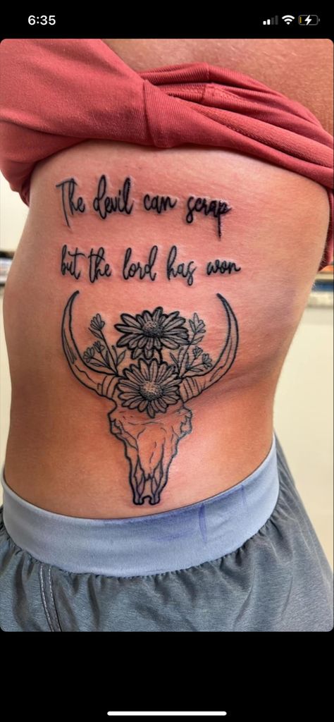 Wrangler Tattoos For Women, Women Rib Cage Tattoo, The Devil Can Scrap Tattoo, Country Lyric Tattoos For Women, Western Tattoos For Women Thigh, Sun To Me Tattoo Zach Bryan, Country Girl Tattoos For Women, The Devil Can Scrap But The Lord Has Won, Zac Bryan Tattoo