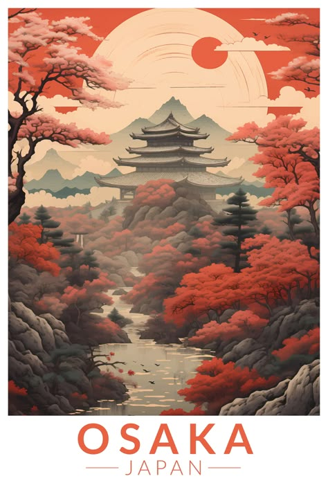 Retro art poster of Osaka Japan - a vibrant blend of culture, history, and modernity. 🏯🌸 Japan Tourism Poster, Japan Poster Vintage, Retro Japanese Poster, Japanese Poster Aesthetic, Japanese Retro Art, Japan Travel Poster, Korean Poster, Culture Poster, Japanese Art Style