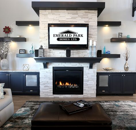 Full Height Fireplace with brick, lower cabinets on either side with floating shelves Family Room Ideas With Fireplace, Living Room Built Ins, Family Room Ideas, Diy Dining Room, Fireplace Built Ins, Living Room Decor Fireplace, Fireplace Remodel, Home Fireplace, Living Room Remodel