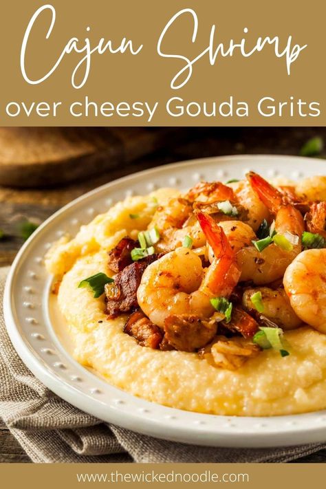 Cajun Shrimp and Grits are so easy yet taste as good or better than any fancy restaurant. Creamy and cheesy grits are perfect with the flavorful shrimp mixture! Perfect for a special occasion like Valentine's Day or a fun brunch yet simple enough for a weeknight. Easy Cheese Grits, Easy Shrimp And Grits, Cheese Grits Recipe, Old Bay Shrimp, Cajun Shrimp And Grits, Shrimp N Grits Recipe, Cheesy Grits, Grits Recipe, Cheese Grits