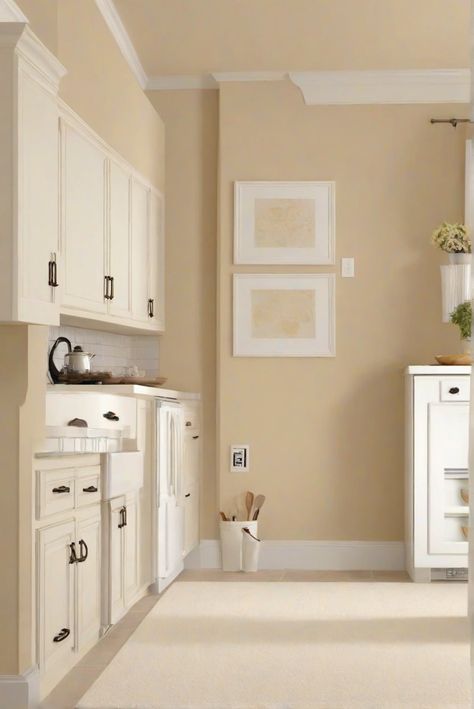 interior wall paint, kitchen wall decor, white rug decor, paint color matching Beige Kitchen Walls White Cabinets, Canvas Tan Kitchen Cabinets, Tan Walls Kitchen, Sw Canvas Tan, Tan Kitchen Walls, Tan Kitchen Cabinets, Cream And White Kitchen, Tan Kitchen, Coastal Palette