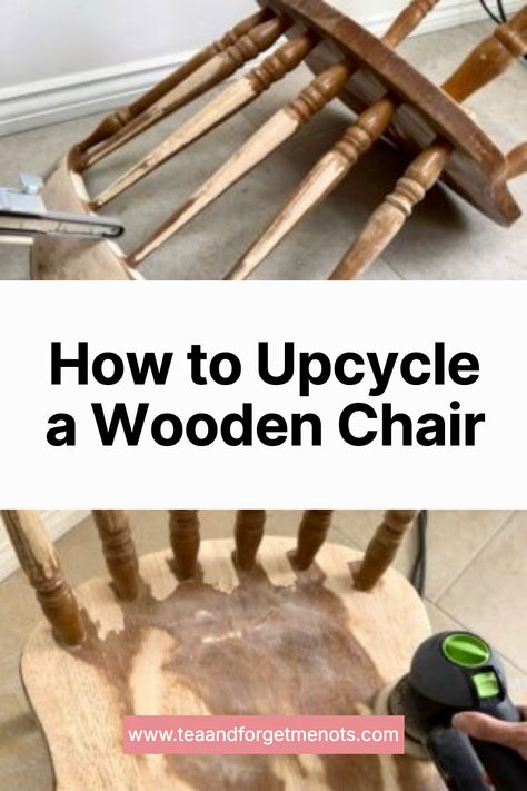 How to Upcycle a Wooden Chair Repurpose Kitchen Chairs, Adding Cushion To Wooden Chair, Refinished Wooden Chairs, Repurpose Chairs Wooden, Wood Chair Upcycle, Chair Legs Repurposed, Wood Table Painted Chairs, Spindle Chair Makeover, Refinishing Wood Chairs