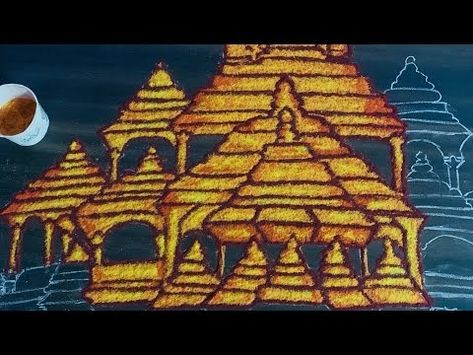 Ayodhya Ramar temple step by step rangoli Kolam Art, Art Rangoli, Rangoli Designs, Mehndi Designs, Diwali, Wall Painting, Henna, Temple, Step By Step