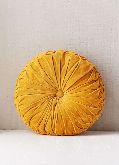 mustard yellow velvet cushion from athropologie | interiors | interior design | comfort for the sofa Yellow Ottoman, Mustard Bedding, Yellow Chair, Yellow Bedding, Yellow Decor, Yellow Pillows, Yellow Bedroom, Round Cushion, Round Pillow