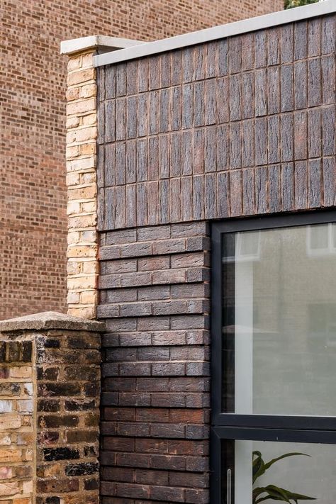 Vertical Brickwork. Stepped brickwork detail. Brickwork Design. Aluminium framed glazing black Extension Ideas Extension Designs Black Brick House, Brick Shed, Architecture Design House, Dining Extension, Brick Extension, Brick Crafts, Black Brick Wall, Exterior House Remodel, Brick Detail