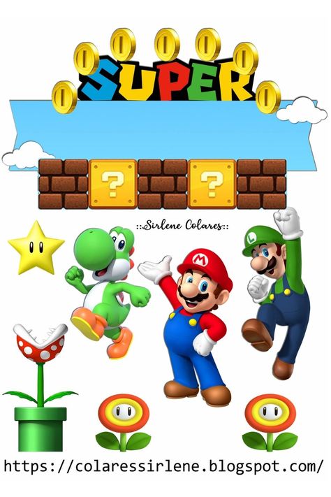 banner fundo jogo com coins e bloquetes, Mario Bros, Luigi e Yoshi Bolo Mario Bros, Baby Unicorn Party, Super Mario Bros Party Ideas, Mario Bros Cake, Super Mario Cake, Super Mario Bros Birthday Party, Super Mario Bros Party, Unicorn Birthday Outfit, Mario Cake