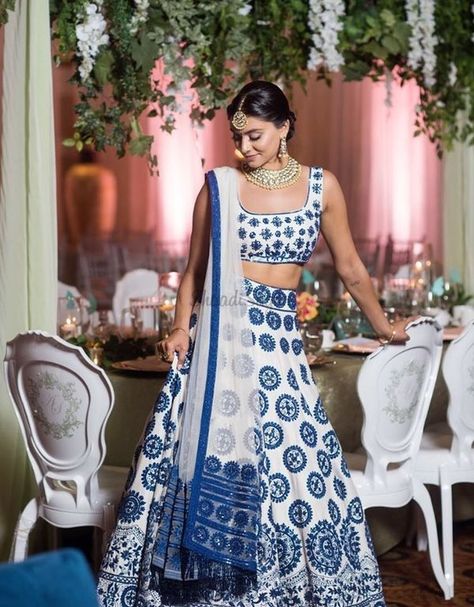 Sabyasachi To Manish Malhotra: Wear Their Outfits For Your Wedding Celebrations! | ShaadiSaga Blue And White Lehenga, White Lehenga, Blue Lehenga, Manish Malhotra, Designer Outfits, Indian Designer Outfits, Manish, Desi Fashion, Indian Designer