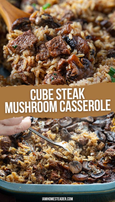 Two images of cube steak and mushroom casserole, in a green baking dish.  One is being fluffed with a fork and the other is being scooped out with a wooden serving spoon. What To Make With Cube Steak Meat, Cubed Steak Casserole, Cube Steak Mushroom Casserole, Cubes Beef Recipes, Teriyaki Cube Steak Recipes, Beef Steak Casserole Recipes, Recipes Using Beef Cube Steak, What Can You Make With Cube Steak, Beef Cubs Recipes Meals