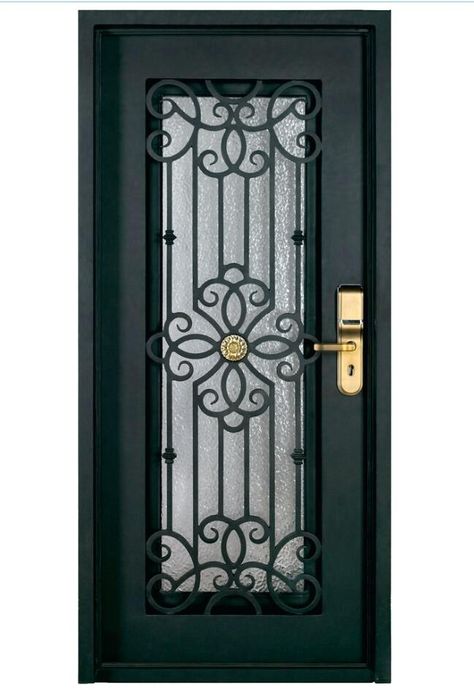 Grill Design Door, Gate Grill Design, Wrought Iron Glass Door, Iron Front Doors, Wrought Iron Doors Front Entrances, Front Door Security, Wrought Iron Front Door, Iron Front Door, Metal Doors Design