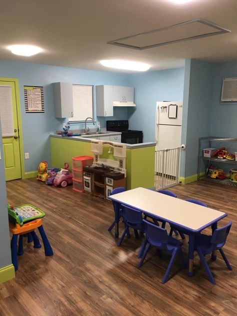 Daycare Basement Layout, Simple Home Daycare Setup, Family Home Daycare Setup, Daycare Rooms Setup In Home, Home Daycare Setup Garage, Family Daycare Setup Home, Inhome Daycare Ideas, Living Room Daycare Setup, Basement Daycare Layout