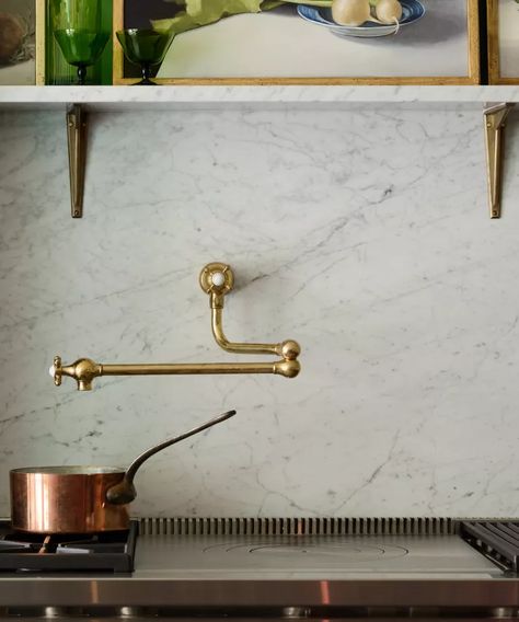 Pot fillers are trending – kitchen design experts approve | Homes & Gardens Brass Pot Filler, Brass Kitchen Tap, Pot Filler Kitchen, Devol Kitchens, Brass Pot, English Kitchens, Pot Filler Faucet, Pot Filler, Marble Sinks