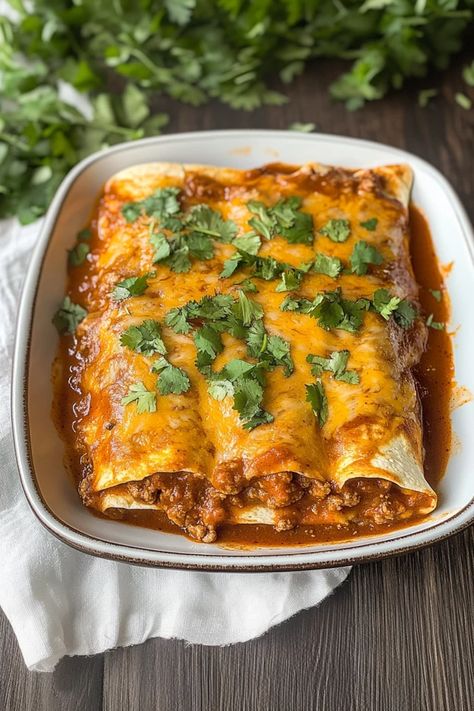 Introduction: Packed with savory ground beef, zesty enchilada sauce, and gooey melted cheese, these beef enchiladas are pure comfort food! Perfect for a family dinner or a tasty Mexican-inspired treat, this recipe brings bold flavors to your table with minimal effort. Save this recipe for an easy dinner! Hashtags: #BeefEnchiladas #MexicanFood #EasyDinner #FamilyDinner #ComfortFood #MexicanRecipes #GroundBeef #CheesyEnchiladas #DinnerIdeas #TacoTuesday Enchiladas With Ground Beef, Red Enchiladas Beef, Mexican Beef Enchiladas, Beef Cheese Enchiladas, Beef Enchiladas With Red Sauce, Enchiladas With Homemade Sauce, Enchiladas Beef, Easy Beef Enchiladas, Mexican Enchiladas