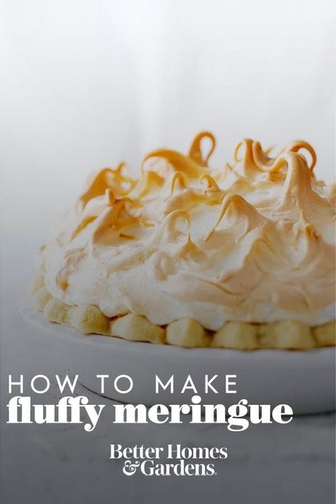 Trying to make your first lemon meringue or coconut cream pie? Learn how to make your meringue pie topping melt in your mouth using our simple steps. #howtomakemeringue #meringuerecipe #bestmeringuerecipe #bhg Making Meringue How To, Marshmallow Cream Meringue Recipe, How To Make Meringue Without Cream Of Tartar, Coconut Cream Pie Meringue, Merengue Pie Topping, Easy Meringue Recipe Without Cream Of Tartar, The Best Meringue Recipe, Coconut Cream Meringue Pie, How To Make Lemon Meringue