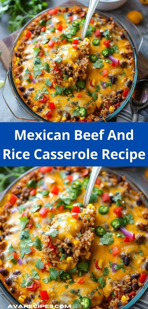 Searching for rice casserole recipes? Our Mexican Beef and Rice Casserole Recipe is ideal! This ground beef recipe for dinner is one of the best beef casserole recipes, perfect for a hearty and flavorful meal. Mexican Ground Beef Recipes For Dinner, Ground Beef Rice Recipes, Ground Beef And Rice Recipes, Beef And Rice Recipes, Mexican Ground Beef Recipes, Beef And Rice Casserole, Quick Beef Recipes, Casserole With Ground Beef, Ground Beef Rice