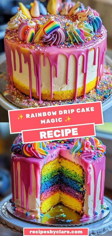 This Rainbow Drip Cake is the perfect centerpiece for any party! Colorful layers, buttercream frosting, and a beautiful drip of tinted white chocolate make it a must-have for any celebration. 🌈✨

Ingredients:

1 tsp vanilla extract
Buttercream frosting
Sprinkles for decoration
Add a fun twist with a colorful chocolate drip and top with buttercream spirals! Colorful Drip Cake, Chocolate Rainbow Cake, Rainbow Drip Cake, Sprinkle Drip Cake, Dripping Cake, White Chocolate Drip, Cake Magic, Colorful Chocolate, Drizzle Cake