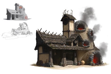 ArtStation - blacksmith / forge , byeong woo yoo Valheim Forge Ideas, Blacksmith Concept Art, Blacksmith Building, Fantasy Moodboard, Minecraft Reference, Valheim Builds, Medieval Reference, Mine Minecraft, Fantasy Buildings