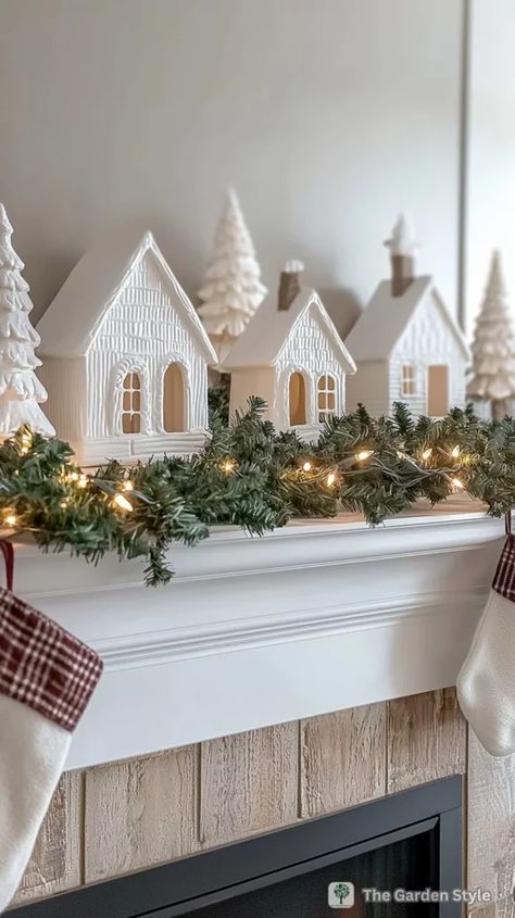 40 Inspiring White Christmas Decorations - The Garden Style White Porcelain Houses Christmas, White Entry Table, White Gingerbread House, White Christmas Decorations, Christmas Centerpiece Ideas, Farmhouse Mantel, White Table Settings, Kitchen Centerpiece, Christmas Decs