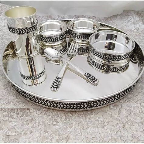 TANISHA GEMS N JEWELS 8332822592 Silver Dinner Set, Puja Accessories, Saraswati Painting, Silver Utensils, Aarti Thali, Silver Home Accessories, Silver Articles, Silver Plates, Bridal Anklet