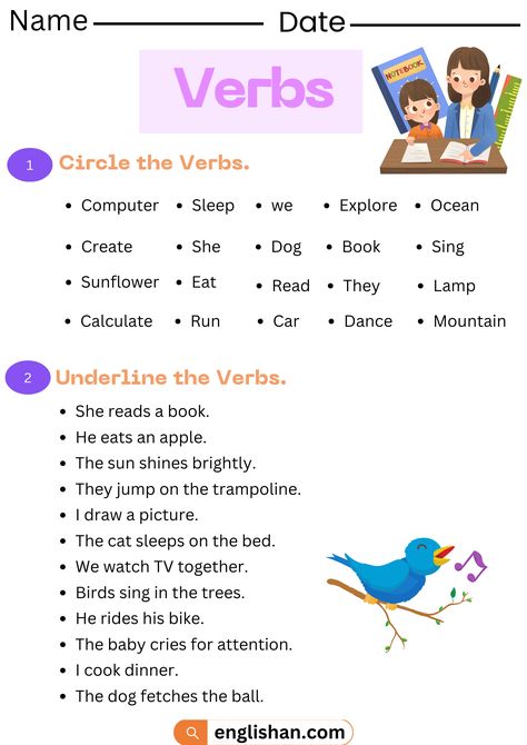 Verbs Worksheets in English - Circle the Verbs Verbs Grade 1 Worksheet, Worksheet On Verbs For Grade 1, Verbs Worksheet Class 4, English Verbs Worksheets, Verbs Grade 2, Verbs Worksheet For Class 2, Verb Worksheets Grade 2, Verbs For Grade 1, Grade 3 English Worksheets Activities