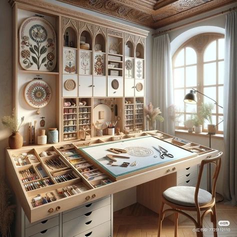 Crafting Station Ideas, Drawing Studio Workspaces, Art Set Up, Sewing Room Aesthetic, Art Room Ideas Artist Studios, Cozy Hobby Room, Aesthetic Art Studio, Mini Art Studio, Hobby Room Design