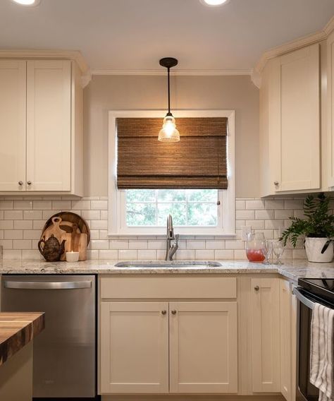 Katie Bowman on Instagram: "So excited to finally have professional pictures of this kitchen I designed 3 years ago! But it’s been a very long process. It used to be a 9x9 kitchen but was opened up to be a 16x9. All new cabinets, countertops, lighting, backsplash, and window treatments. Soffit and a wall were knocked out. Plus we added a dishwasher! 🎉 More pics to come! 🤩 Thank you Lance! 📸: @lancekeef" 9x9 Kitchen, Kitchen Soffit No Upper Cabinets, Updating Soffit In Kitchen, Kraftmaid Saddle Cabinets, New Cabinets, Cabinets Countertops, New Cabinet, Professional Pictures, Retail Space