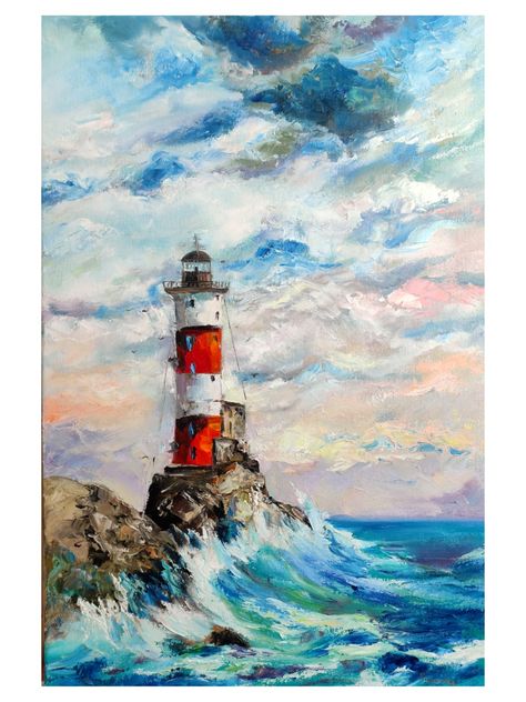 Lighthouse Oil Pastel, Light Houses Painting, Light House Painting Acrylic Easy, Lighthouse Oil Painting, Lighthouse Acrylic Painting, Light House Painting Acrylic, Lighthouse Painting Easy, Lighthouse Paintings, Beach Art Painting