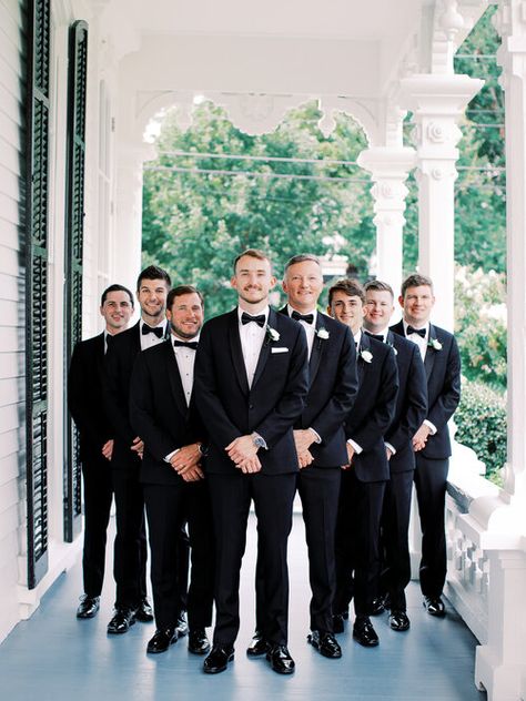 Black And White Tux Groomsmen, Black Tux Groomsmen, All Black Tuxedo, Groomsman Attire, Black Tuxedo Wedding, Black Tuxedos, White Rose Boutonniere, Black Bowtie, Groomsmen Bowtie