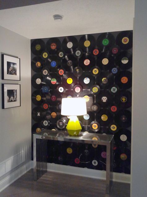 Vinyl Record Accent Wall | Trying out different lamps. :) | Flickr Record Collage On Wall, Craft With Vinyl Records, Vinyl Record Mirror, Vinyl Record Furniture Diy, Decorating With Old Records, Record Accent Wall, Music Accent Wall, Record Ideas Wall Art, Vinyl Record Accent Wall