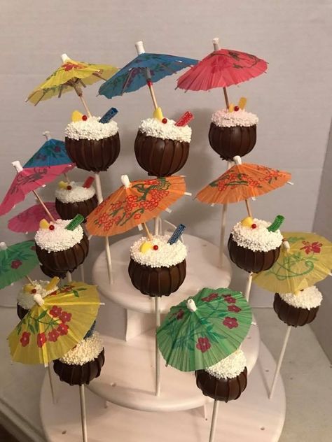 Hawaiian themed cake pops Hawaiian Cake Pops, Hawaiian Themed Cake, Hawaiian Theme Cakes, Cake Pops Ideas, Jimmy Buffett Party, Tiki Cake, Hawaii Cake, Themed Cake Pops, Moana Birthday Cake