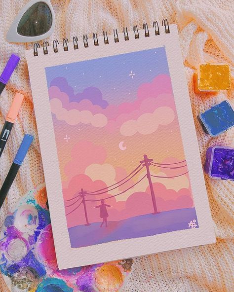 Check out these beautiful gouache paintings and tutorials. If you love watercolor paintings, I know you'll also love these gouache paintings. This is a beautiful night sky painting using acrylic paint. Matching Paintings Ideas, Diy Nature Painting, Gouache Painting Ideas, Posca Marker, Night Sky Painting, Gouache Art, Canvas Painting Designs, Cute Paintings, Sky Painting