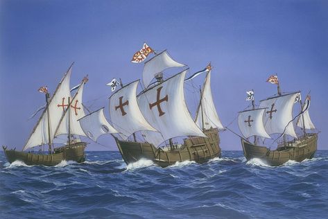 August 3, 1492 -  From the Spanish port of Palos, Italian explorer Christopher Columbus sets sail in command of three ships—the Santa Maria, the Pinta, and the Nina—on a journey to find a western sea route to China, India, and the fabled gold and spice islands of Asia. Christopher Columbus Ships, Columbus Ship, Columbian Exchange, Alien Crafts, Fall Kindergarten, Teaching Videos, Social Studies Activities, Social Studies Lesson, Christopher Columbus