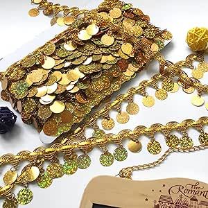 Gnognauq 10 Yards Sparkling Round Coin Shape Sequin Fringe Trim Belly Dance Tassels Trim for Belt Chain Party Accessories DIY Cloth (Gold with Round Sequins) Tablecloth Clothing, Gold Lace Fabric, Belt Chain, Decorative Trim, Hair Wear, Headband Hair, Gold Lace, Lace Ribbon, Gold Sequins