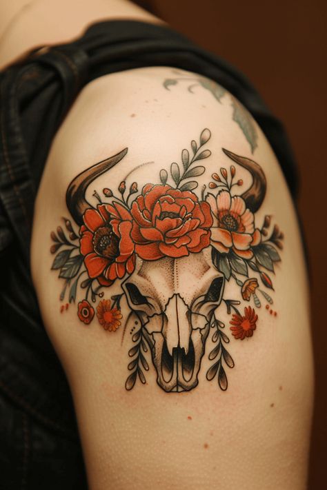 Cow Skull Tattoo with Flowers: Top Ideas and Designs Cow Skull Tattoo Traditional, Nm Tattoo, Cow Skull Tattoo Flowers, Western Floral Tattoo, Skull Flower Tattoo, Cow Skull Tattoo, Highland Cow Tattoo, 108 Tattoo, Wildflower Tattoos