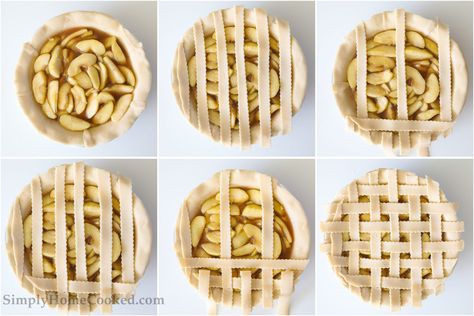 Six steps to making the lattice topping for a Homemade Apple Pie, including alternating and folding over the strips to create the lattice pattern. Apple Pie Lattice Top, Green Apple Pie Recipe, Green Apple Pie, Homemade Apple Pie Recipe, Apple Pie Lattice, Lattice Pie Crust, Lattice Pie, Apple Pie Recipe Homemade, Apple Pie Recipe Easy