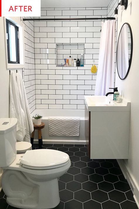 Black Hexagonal Bathroom Floor Tiles, white subway tile, wood accents...under 6k #bathroomtiles Black And White Tile, Black Grout, Budget Bathroom Remodel, Diy Bathroom Remodel, White Subway Tile, Trendy Bathroom, Budget Bathroom, Bad Design, Bathroom Floor Tiles