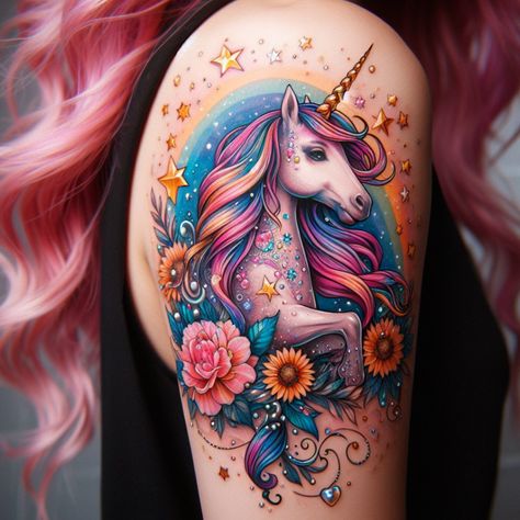 Fantasy unicorn tattoos that transport you to a world of magic and wonder. Find your perfect design. #tattoo #tattoo_for_woman #tattoo_ideas #tattoo_for_man #ai Unicorn Tattoo Ideas, Tattoo Wade, Bright Colorful Tattoos, Tattoo Art Ideas, Pony Tattoo, Unicorn Tattoo Designs, Unicorn Tattoo, Fantasy Unicorn, Unicorn Tattoos