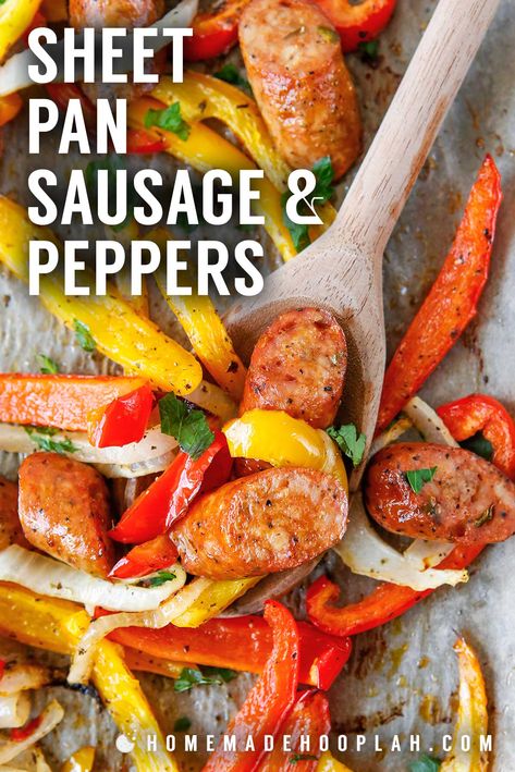 Sheet Pan Sausage and Peppers! A simple 30 minute meal, this baked sheet pan sausage and pepper dinner has a mix of bell peppers, onions, Italian seasoning, and your flavor choice of sausage. | HomemadeHooplah.com Sausage Pepper Sheet Pan, Sheet Pan Italian Sausage And Peppers, Sheet Pan Sausage And Peppers, Sheet Pan Sausage, Pan Sausage, Sausage Peppers And Onions, Smoked Sausage Recipes, Dinners Recipes, Italian Sausage Recipes