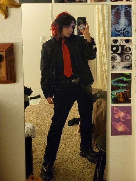 Analog Horror Aesthetic Outfit, Red Emo Aesthetic, Vampire Goth Men, Mall Goth Hair, Alt Prom, Emo Prom, Black And Red Suit, Prom Men, Goth Pants