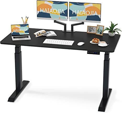 HAIAOJIA Electric Standing Desk Dual Motor Height Adjustable Desk Load 270lbs 3 Stage Stand Up Desk for Home Office, 55 x 27 Inches One Piece Table Top, Black Standing Desk Height, Electric Sit Stand Desk, Height Adjustable Desk, Black Desktop, Home Office Computer Desk, Electric Standing Desk, Adjustable Height Standing Desk, Stand Desk, Stand Up Desk