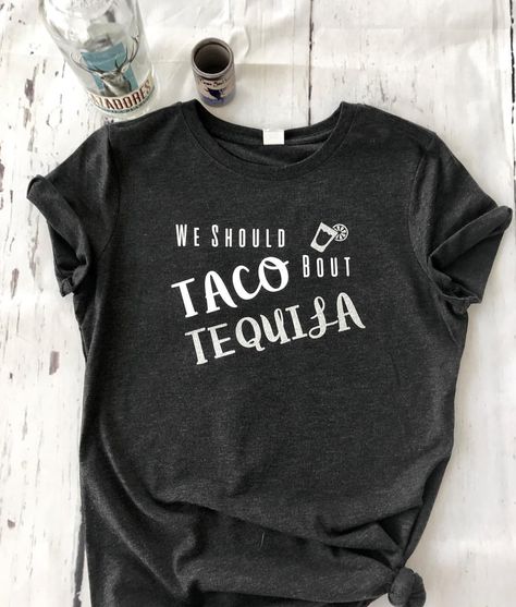 New item alert! 😍 “Lets Taco bout Tequila”. Check out our shop for this super soft triblend tee with white and silver glitter writing.… Mexico Shirts, Tacos And Tequila, Taco Lover, Tequila Shirt, Vacay Mode, Taco Shirt, Sarcastic Shirts, Drinking Shirts, Star Shirt