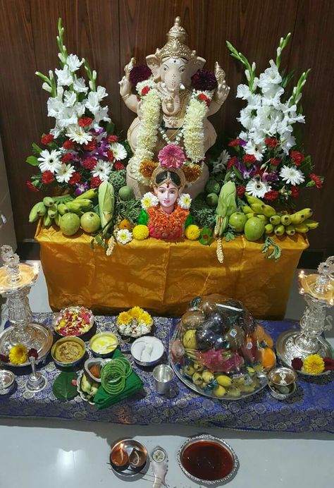 Gowri ganesha Gowri Ganesha Decoration, Gowri Ganesha, Ganesha Pooja, Ganesha Decoration, Flower Decoration For Ganpati, Ganesha Festival, Ganpati Decor, Lakshmi Pooja, Ganesh Festival