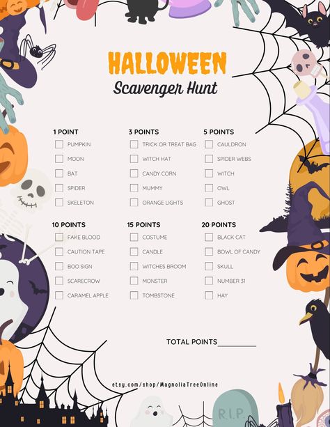 Dive into a spooktacular Halloween Scavenger Hunt that promises a memorable time with family and friends. Available as a digital download, this game is designed to add fun and thrill to your celebrations. Ideal for parties, get-togethers, or a quiet evening with loved ones. Quick Details: -Format: PDF Download -Perfect for all age groups -No shipping required; Instant access! -Essential for Halloween parties and gatherings This listing provides an easy-to-follow Halloween Scavenger Hunt game. Si Halloween Themed Scavenger Hunt, Halloween Group Activities For Kids, Halloween Games For Groups, Halloween Selfie Scavenger Hunt, Halloween Games For Family, Halloween Scavenger Hunt For Teenagers, Halloween Party Scavenger Hunt, Halloween Group Games, Halloween Scavenger Hunt For Adults