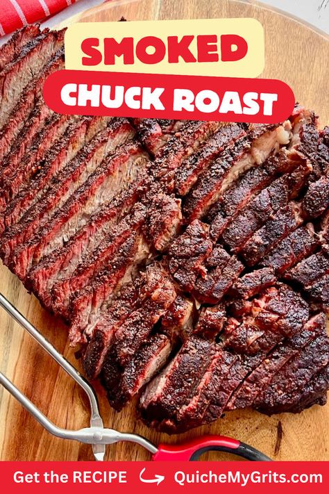 A smoked chuck roast that has been sliced on a wooden board. Smoked Beef Roast, Chuck Roast Recipe, Roast Brisket, Beef Chuck Steaks, Pellet Smoker Recipes, Smoked Chuck Roast, Chuck Roast Recipes, Beef Brisket Recipes, Grilled Roast