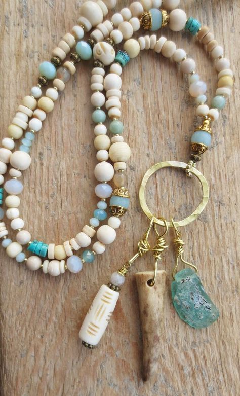 Roman Glass Necklace, Amazonite Jewelry, Mala Bead Necklace, Roman Glass, Making Beads, Expensive Jewelry, Bone Beads, Bohemian Necklace, African Jewelry