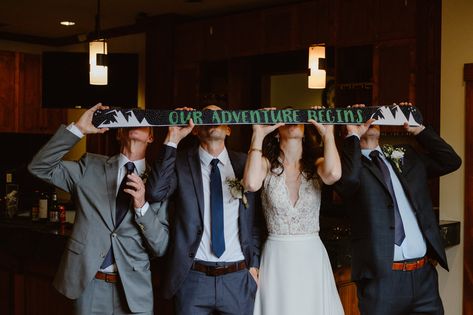 Bride and groom do shotski that says "Our adventure begins" with their dads at Breckenridge wedding, Colorado wedding photographer Wedding Shotski Design Ideas, Shotski Wedding, Alps Wedding, Our Adventure Begins, Shot Ski, Wedding Reception Music, Telluride Wedding, Breckenridge Wedding, Interracial Wedding