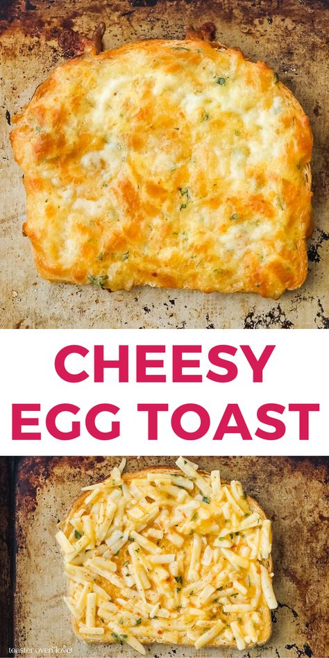 Bread on a sheet pan with a mixture of shredded cheese and egg on top and closeup of baked cheesy toast. Easy Breakfast Picky Eaters, Egg Ideas For Brunch, Hidden Egg Recipes For Kids, Breakfast For 2 People Easy, Egg On Toast Breakfast Ideas, Eggs For Breakfast Ideas, Soft Food Ideas, Baked Toast, Cheesy Egg Toast