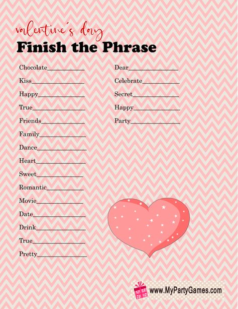 Valentines Day Games For Adults Free Printable, Galentines Game Ideas, Finish My Phrase Game, Vday Activities, Valentines Preschool, Valentines Tea, Vday Party, Valentines Tea Party, Love Cards For Him