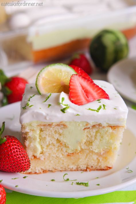 Key Lime Poke Cake is a delicious white cake that is seeping with a sweet and tart mixture that soaks ... Key Lime Poke Cake, Lime Poke Cake, Strawberry Shortcake Cheesecake, Lime Desserts, The Recipe Critic, Lime Recipes, Slice Of Cake, Recipe Critic, Poke Cake Recipes